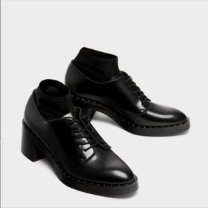 Zara Black lace up Oxfords with sock detail.